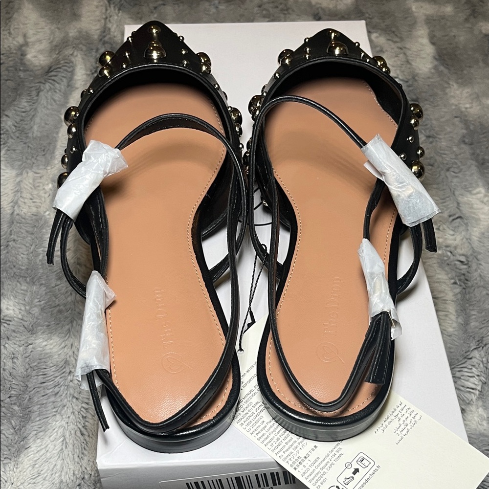 The Drop Tammie Pointed Toe Black Studded Slingback Flats - Picture 7 of 11